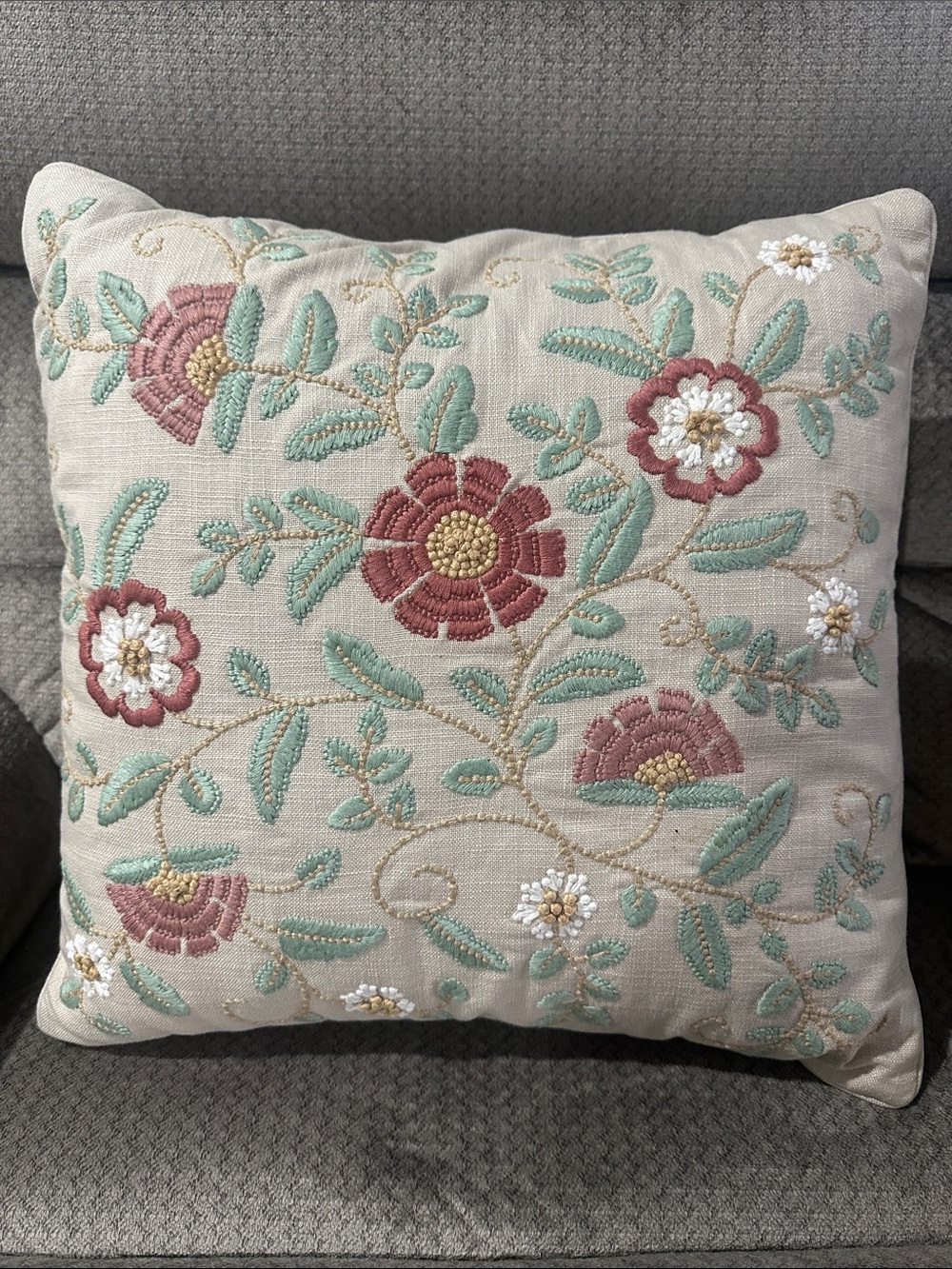 Charter Club Embroidered Floral Pillow in Pink, Sage, Cream